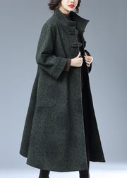 Vintage Green Chinese Button Print Pockets Patchwork Woolen Long Trench Coat Fall