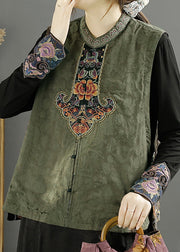 Vintage Green Collar Embroidered Wear On Both Sides Cotton Vest Fall