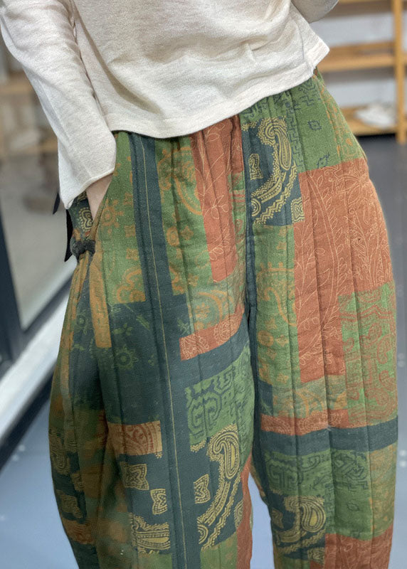 Vintage Green Elastic Waist Pockets Print Fine Cotton Filled Crop Pants Winter
