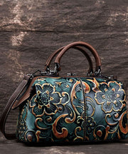 Vintage Green Embossing Paitings Calf Leather Tote Handbag