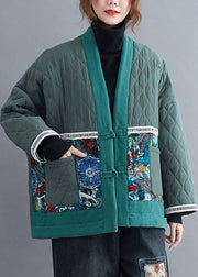 Vintage Green Embroidered Patchwork Fine Cotton Filled Winter Coats