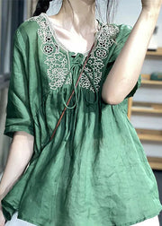 Vintage Green Embroidered Patchwork Lace Up Linen Top Short Sleeve