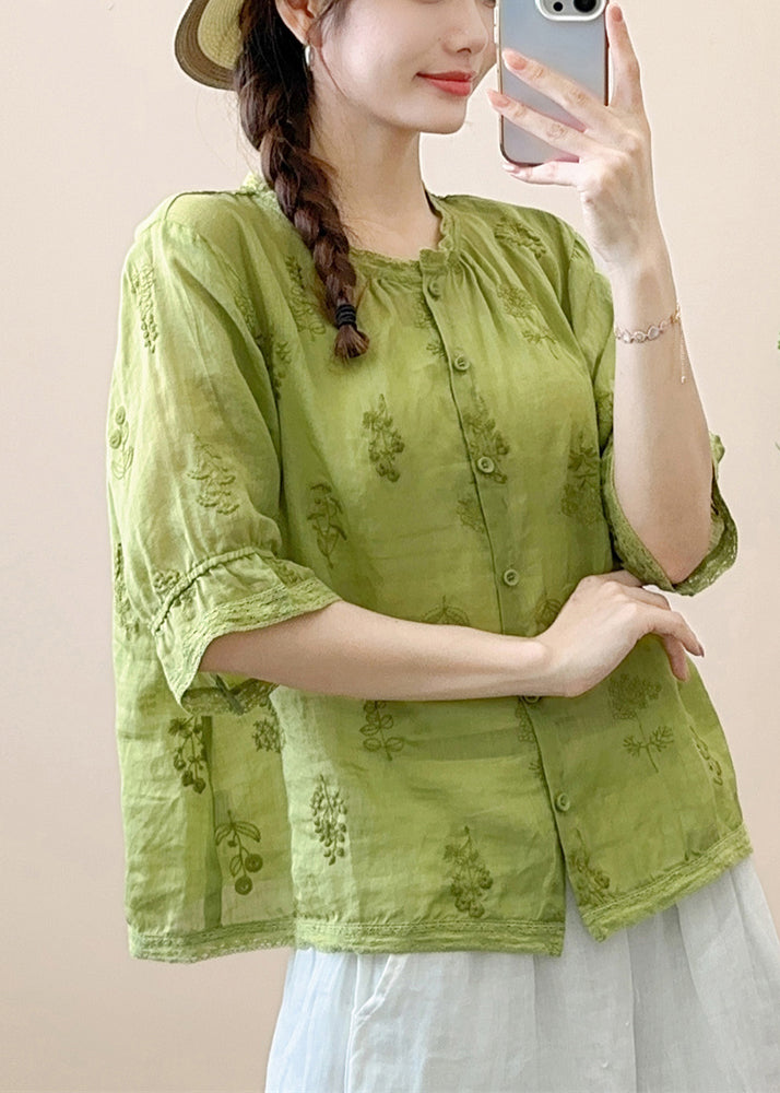 Vintage Green Embroidered Patchwork Linen Shirt Summer