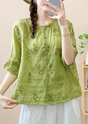 Vintage Green Embroidered Patchwork Linen Shirt Summer
