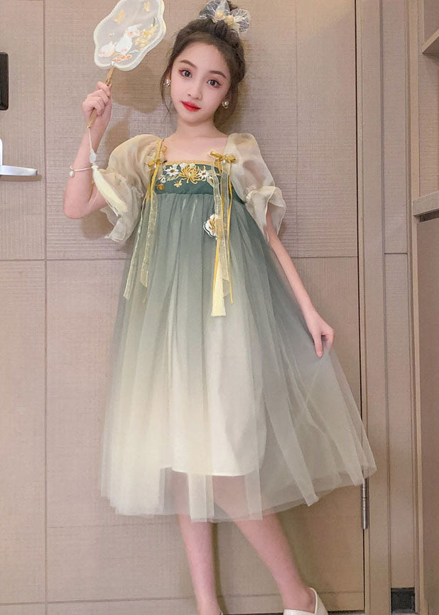 Vintage Green Gradient Embroidered Patchwork Tulle Baby Girls Dresses Summer