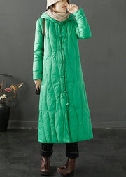 Vintage Green Hooded Tasseled Chinese Button Duck Down Coats Winter
