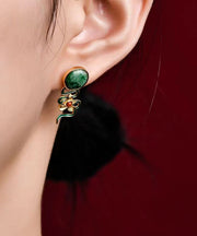 Vintage Green Jade Floral Silver Stud Earrings
