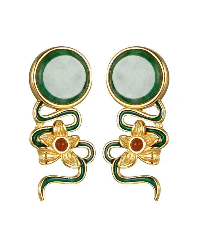 Vintage Green Jade Floral Silver Stud Earrings