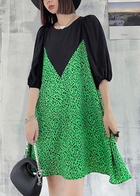 Vintage Green Leopard False Two Pieces Shift Dresses - SooLinen