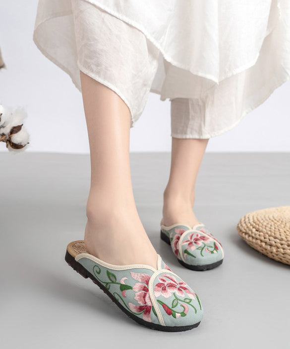 Vintage Green Linen Fabric Embroidered Comfy Slide Sandals