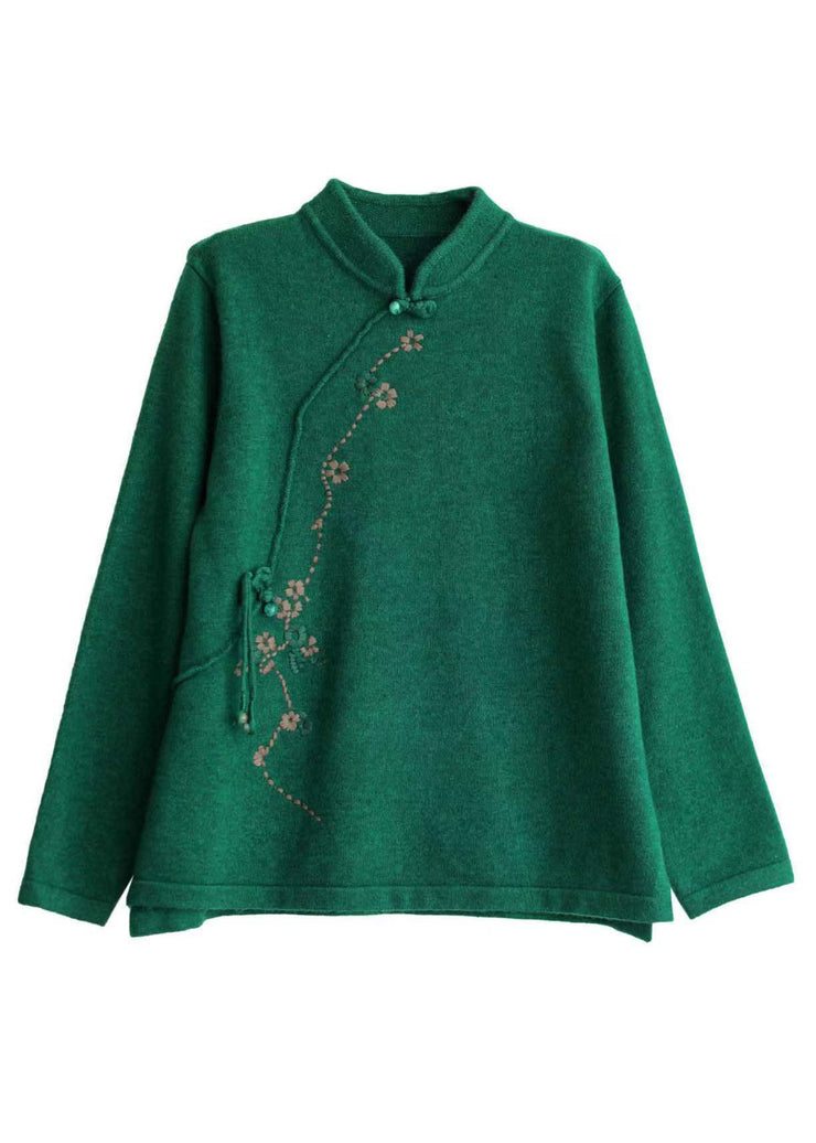 Vintage Green Mandarin Collar Embroidered Knit Sweaters Winter