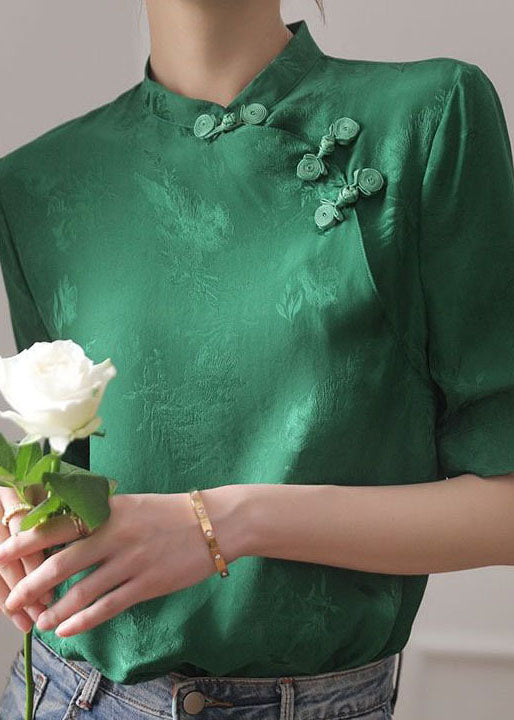 Vintage grün Stehkragen Jacquard orientalische Knöpfe Seidenhemd Tops Kurzarm