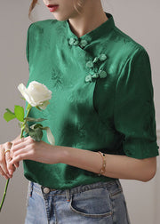Vintage Green Mandarin Collar Jacquard Oriental Button Silk Shirt Tops Short Sleeve