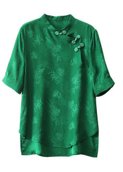 Vintage Green Mandarin Collar Jacquard Oriental Button Silk Shirt Tops Short Sleeve