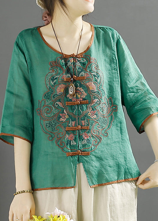 Vintage Green O-Neck Embroidered Linen Shirt Top Summer
