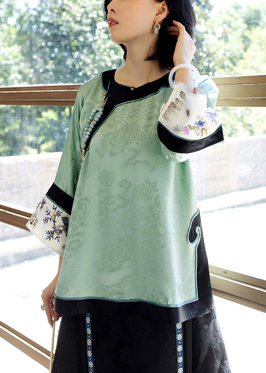 Vintage Green O-Neck Embroidered Patchwork Jacquard Silk Top Long Sleeve