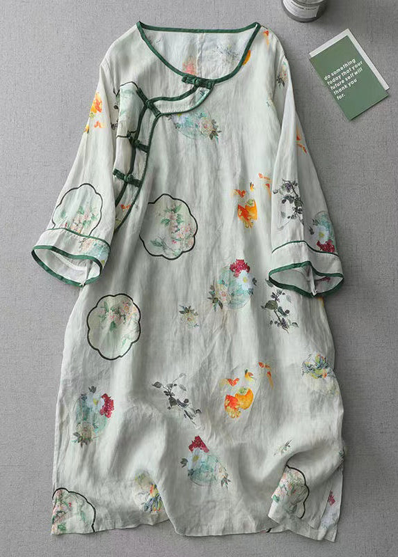 Vintage Green O Neck Print Chinese Button Cotton Dress Spring