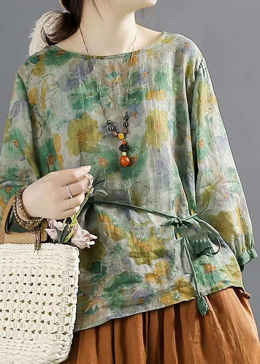 Vintage Green O Neck Print Lace Up Patchwork Linen Tops Summer