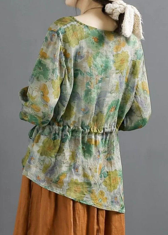 Vintage Green O Neck Print Lace Up Patchwork Linen Tops Summer