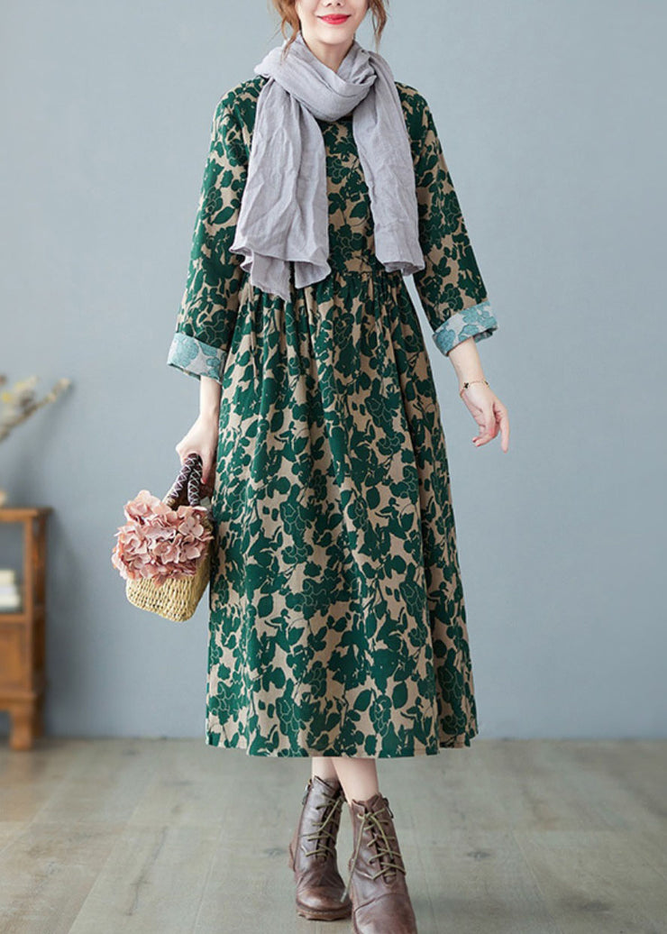 Vintage Green O-Neck Print Linen Dress Spring