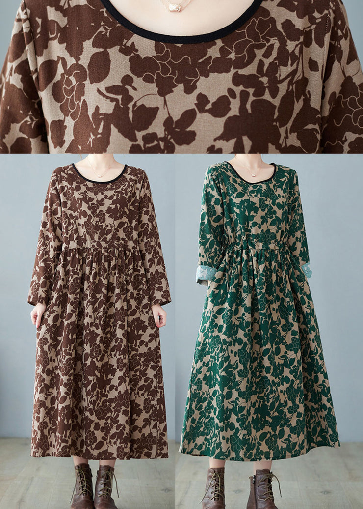 Vintage Green O-Neck Print Linen Dress Spring