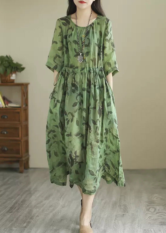 Vintage Green O-Neck Print Wrinkled Long Dress Summer