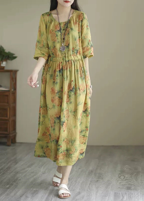 Vintage Green O-Neck Print Wrinkled Long Dress Summer