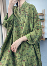 Vintage Green Oversized Print Cotton Dresses Batwing Sleeve