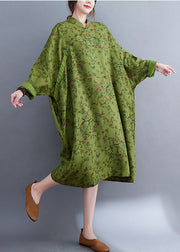 Vintage Green Oversized Print Linen Long Dress Batwing Sleeve