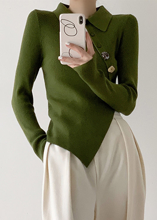 Vintage Green Peter Pan Collar Asymmetrical Knit Pullover Long Sleeve