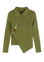 Vintage Green Peter Pan Collar Asymmetrical Knit Pullover Long Sleeve