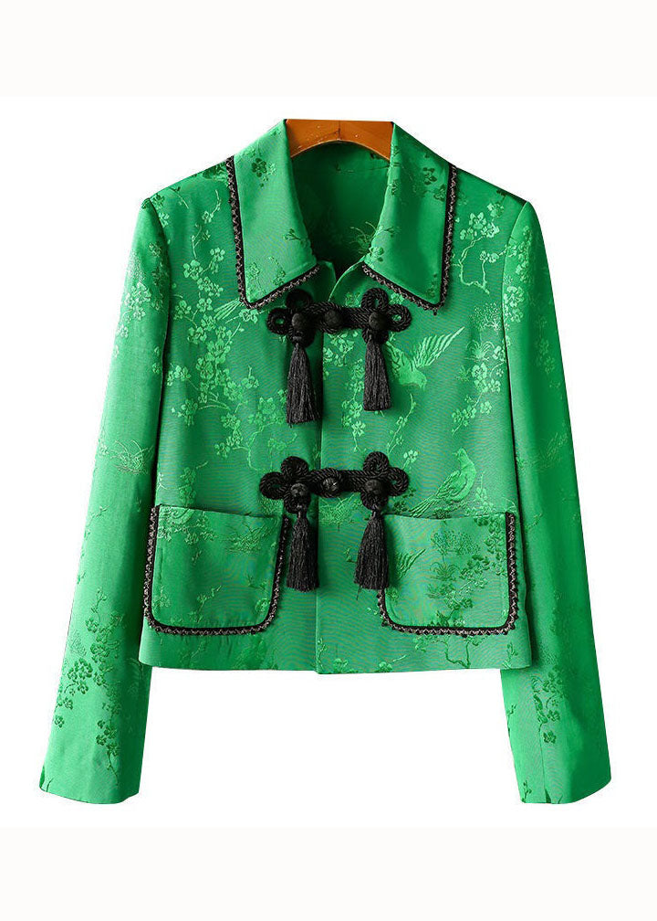Vintage Green Peter Pan Collar Chinese Button Print Patchwork Silk Coats Spring