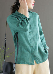 Vintage Green Peter Pan Collar Patchwork Summer Linen Blouses Long Sleeve - SooLinen