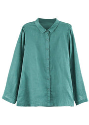 Vintage Green Peter Pan Collar Patchwork Summer Linen Blouses Long Sleeve - SooLinen