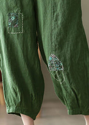Vintage grüne Taschen drucken elastische Taille Leinen Haremshose Sommer