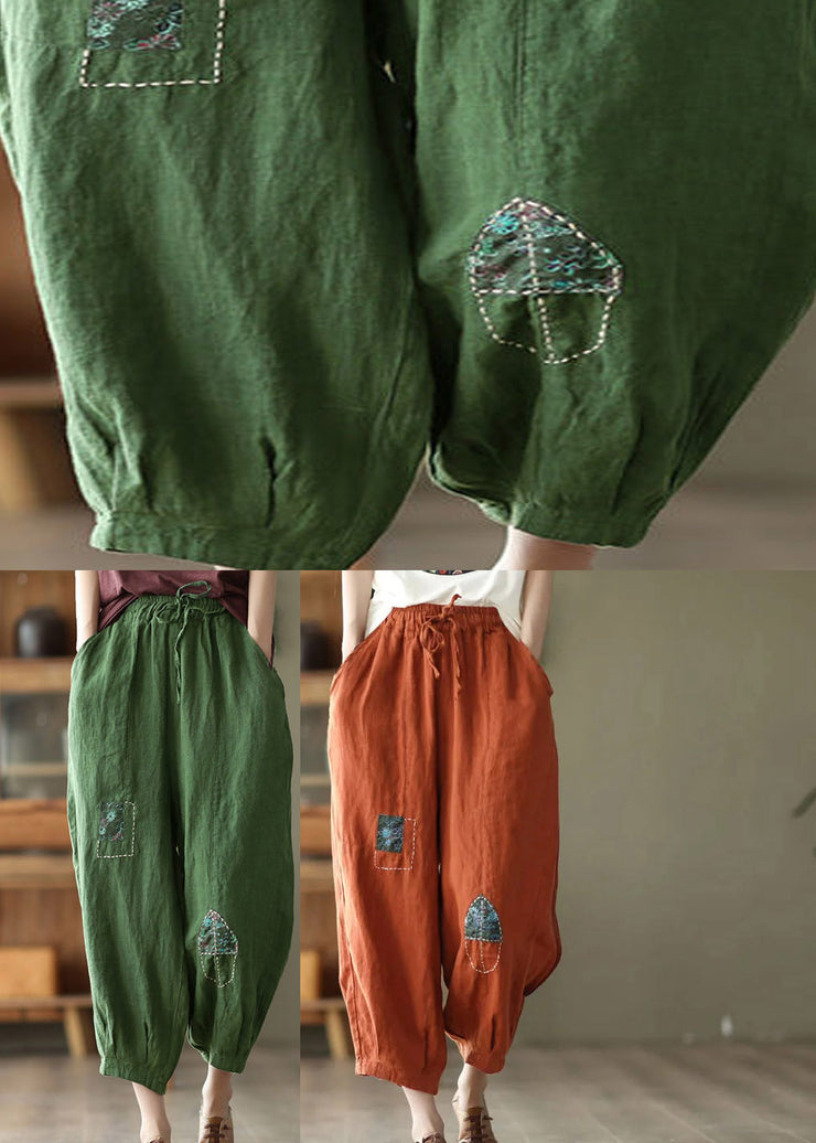 Vintage Green Pockets Print Elastic Waist Linen Harem Pants Summer