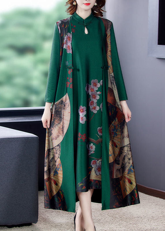 Vintage Green Print Chinese Button Silk Fake Two Piece Oriental Dresses Spring