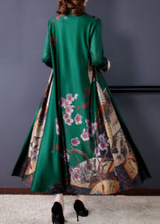 Vintage Green Print Chinese Button Silk Fake Two Piece Oriental Dresses Spring