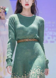 Vintage Green Print High Waist Cotton Knit Sweater Dress Winter