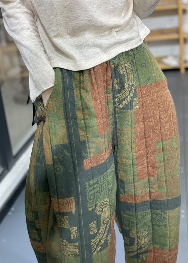 Vintage Green Print Pockets High Waist Cotton Filled Pants Winter
