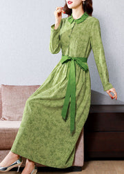 Vintage Green Print Tie Waist Linen Holiday Dress Spring
