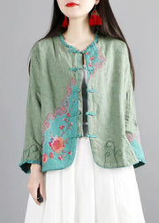 Vintage Green Ruffled Embroideried Chinese Button Cotton Coats Spring