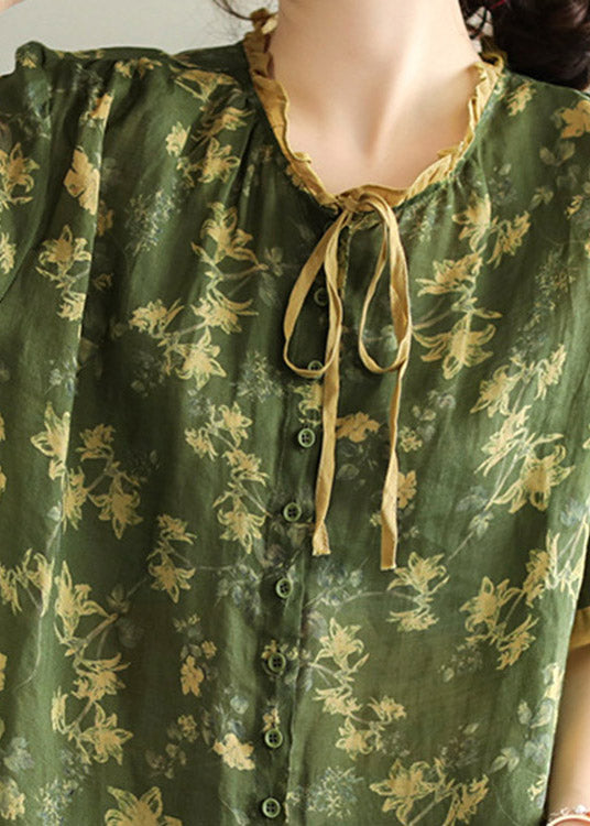Vintage Green Ruffled Print Button Linen Shirt Short Sleeve
