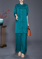 Vintage Green Ruffled Tasseled Silk Women Sets 2 Pieces Fall