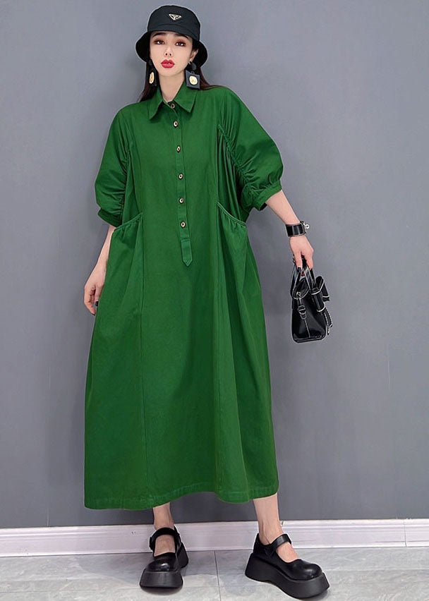 Vintage Green Solid Peter Pan Collar Cinched Pockets Cotton Long ...