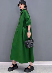 Vintage Green Solid Peter Pan Collar Cinched Pockets Cotton Long Dresses Half Sleeve