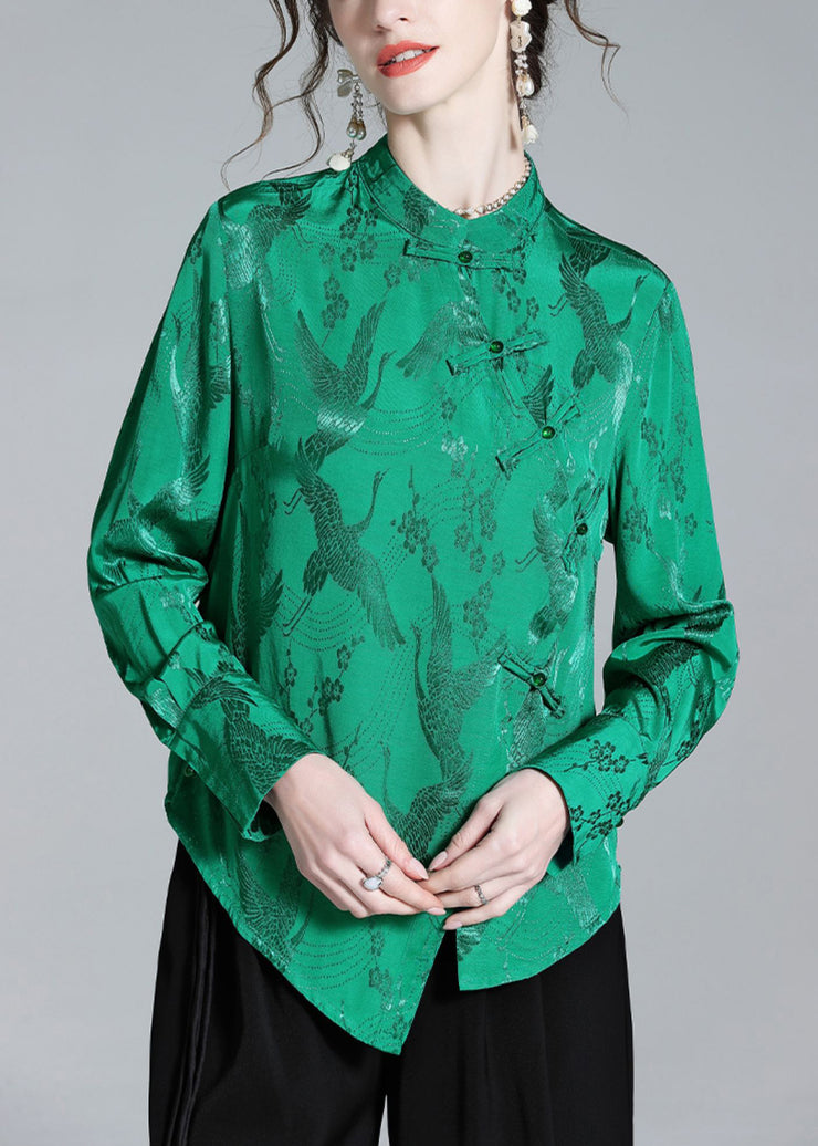Vintage Green Stand Collar Button Jacquard Silk Shirt Spring