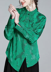 Vintage Green Stand Collar Button Jacquard Silk Shirt Spring