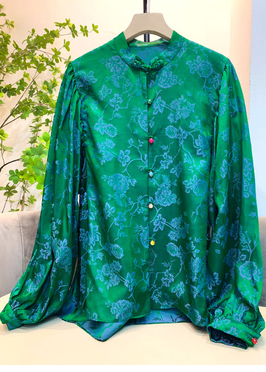 Vintage Green Stand Collar Button Jacquard Silk Shirt lantern sleeve