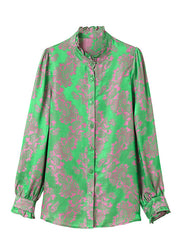 Vintage Green Stand Collar Button Ruffled Jacquard Silk Shirt Top Long Sleeve